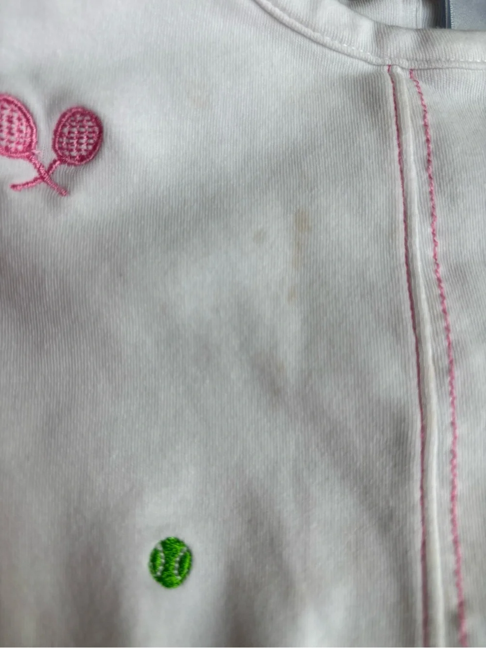Little English White Romper with Pink Tennis Rackets and Green Dots